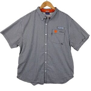 Columbia PFG Clemson Tiger Black White Gingham Print Short Sleeve Shirt Size XL